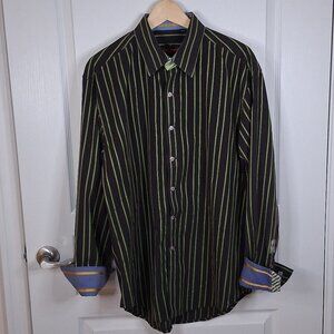 Robert Graham Shirt Men's XL Button Down Long Sleeve Green Striped Flip Cuff